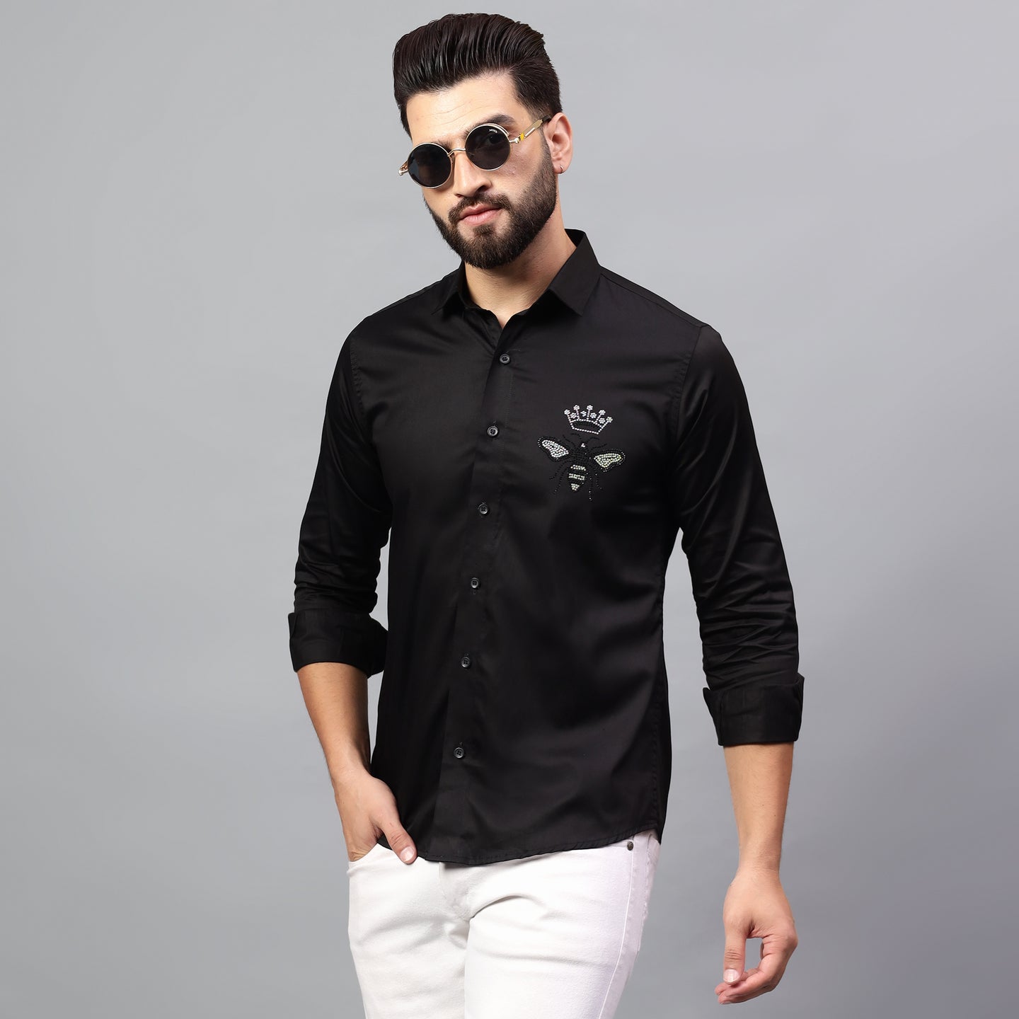 Men's Black Luxury Rhinestone Cotton Shirts