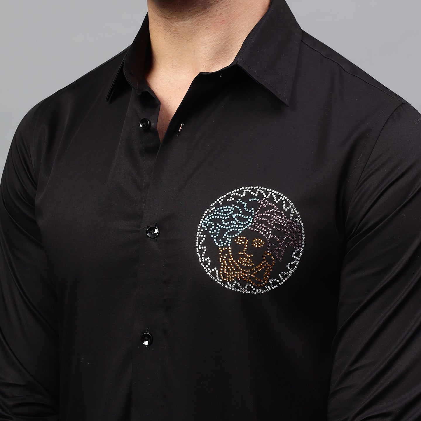 Men's Black Luxury Rhinestone Cotton Shirts