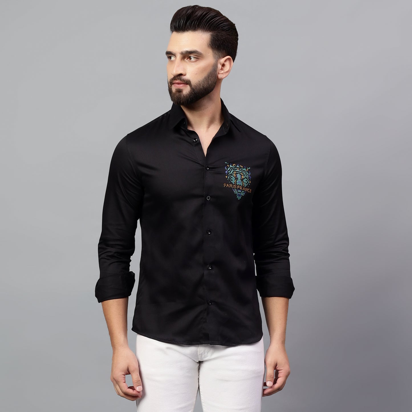 Men's Black Luxury Rhinestone Cotton Shirts