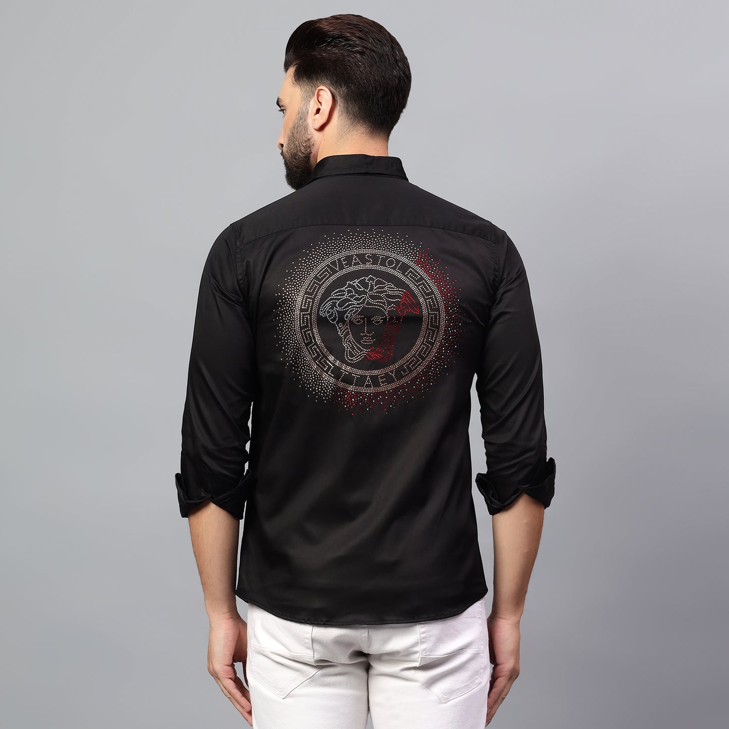 Men's Black Luxury Rhinestone Cotton Shirts