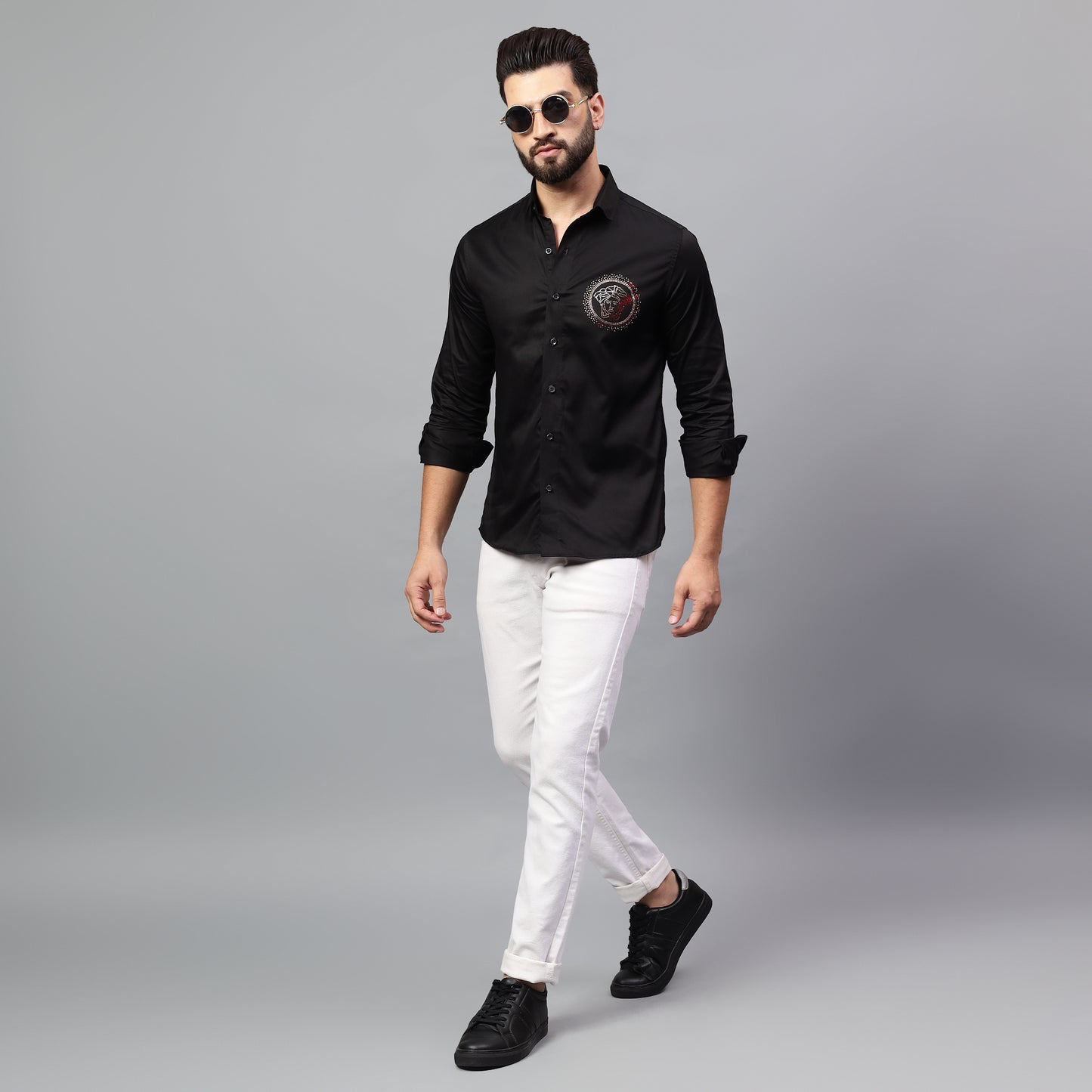 Men's Black Luxury Rhinestone Cotton Shirts