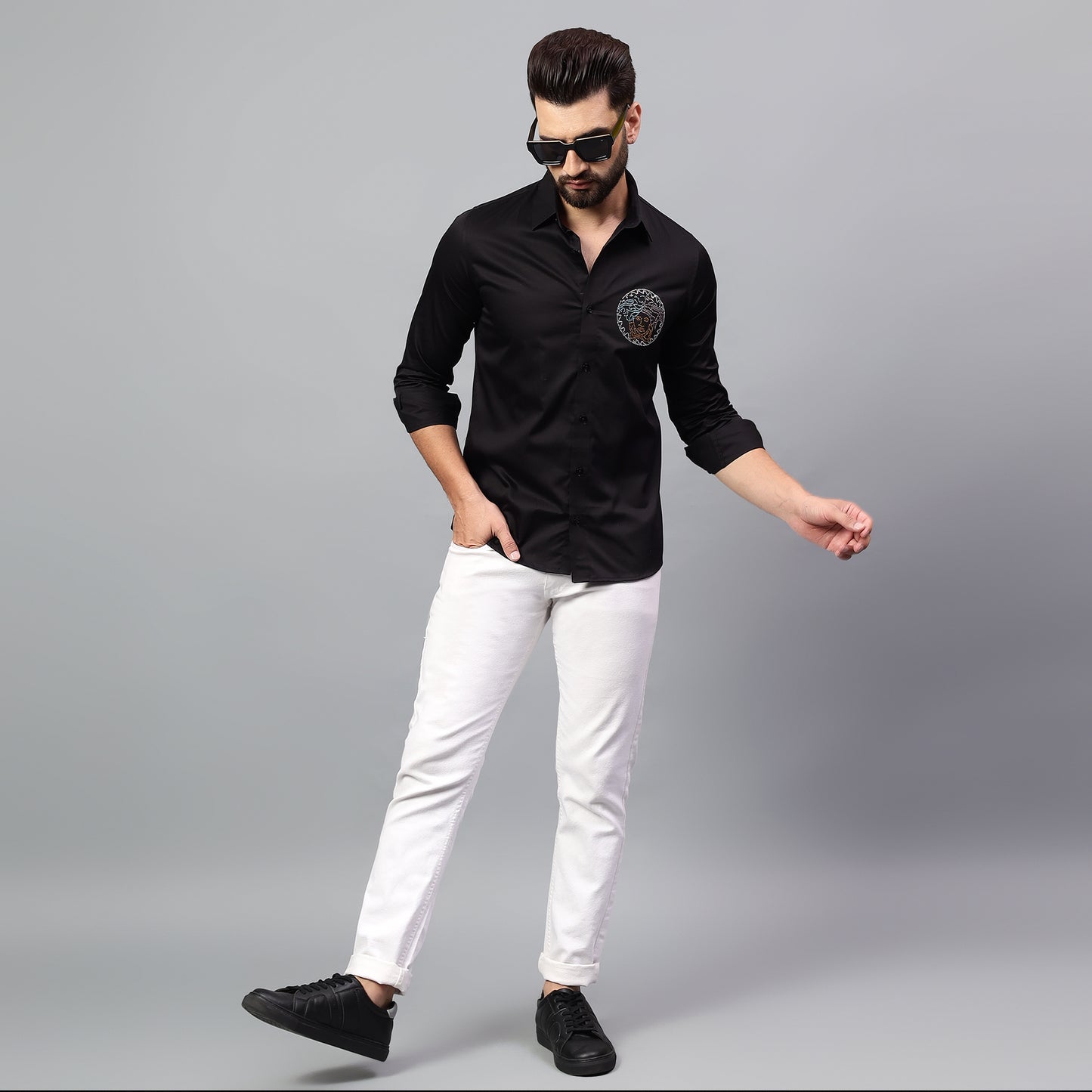 Men's Black Luxury Rhinestone Cotton Shirts