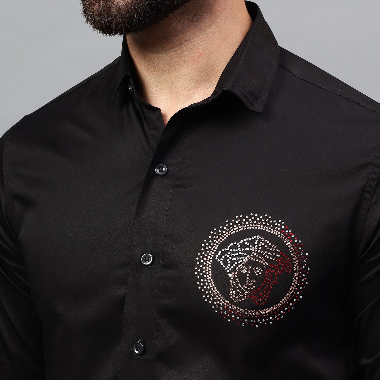 Men's Black Luxury Rhinestone Cotton Shirts