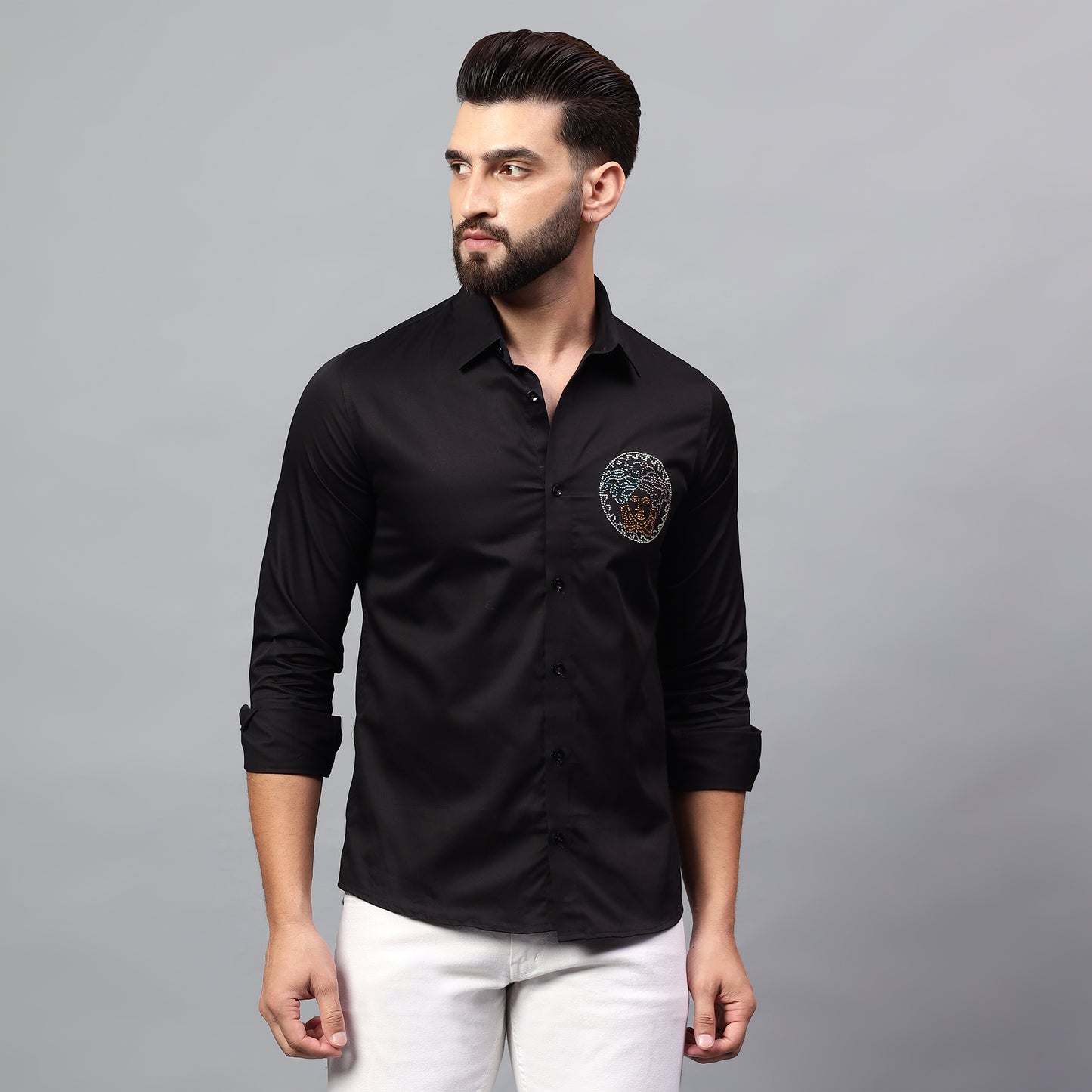 Men's Black Luxury Rhinestone Cotton Shirts