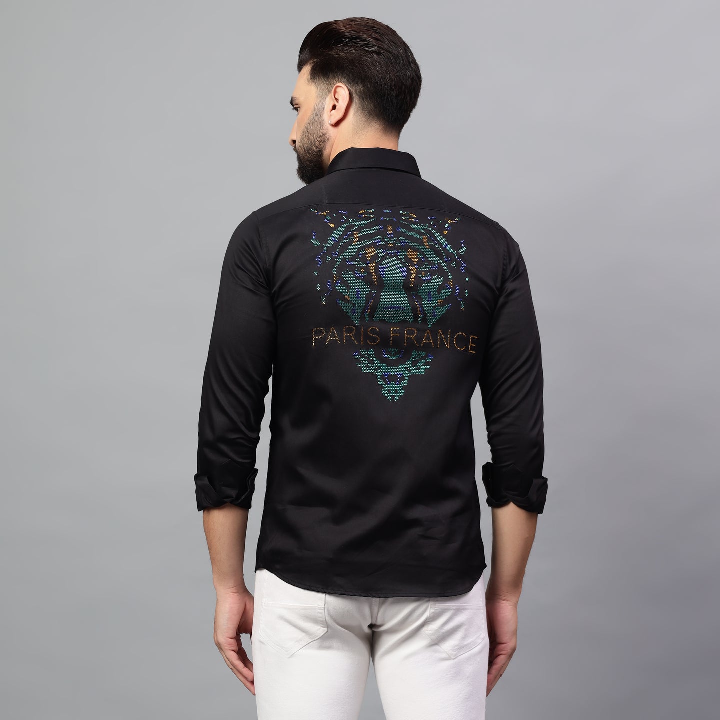 Men's Black Luxury Rhinestone Cotton Shirts