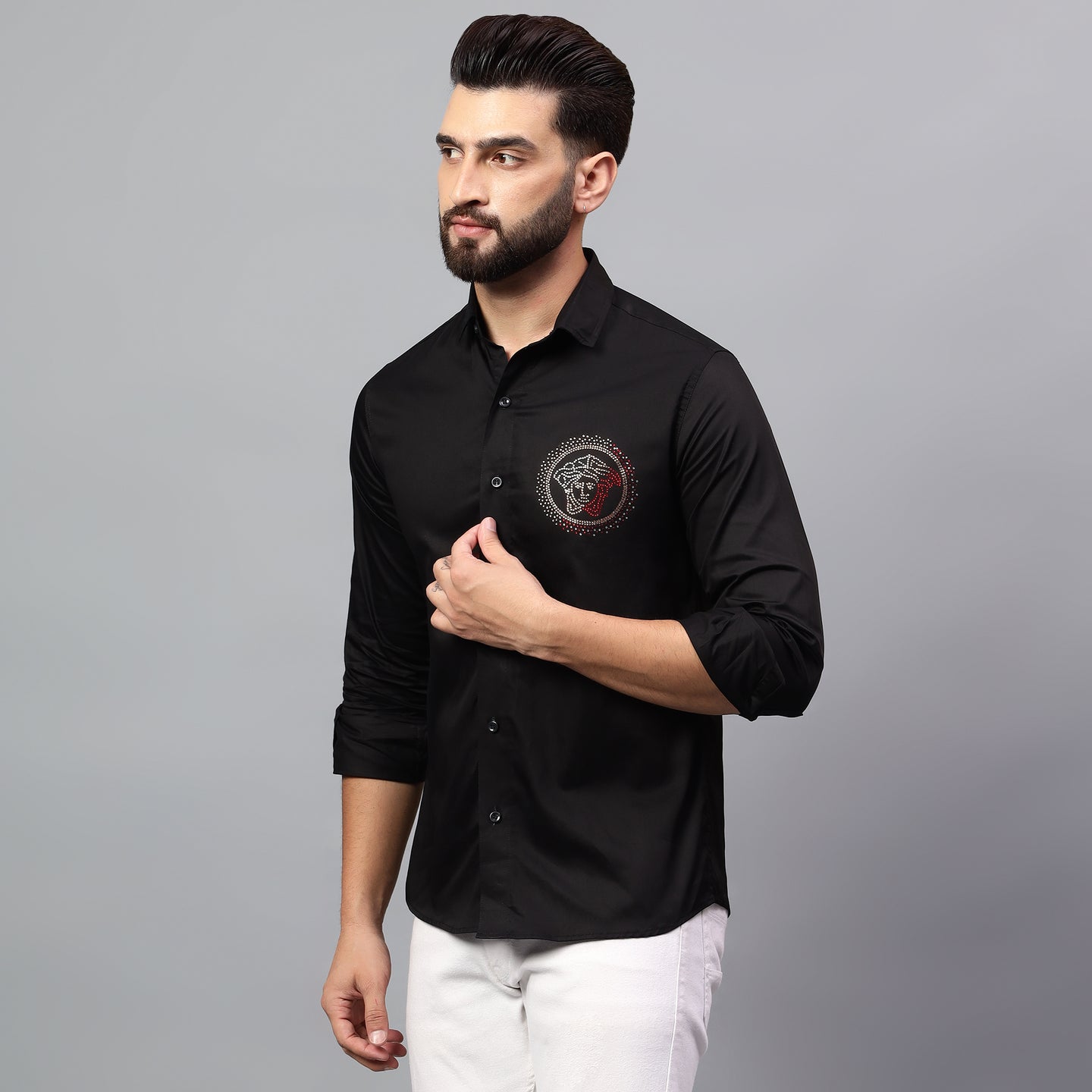 Men's Black Luxury Rhinestone Cotton Shirts