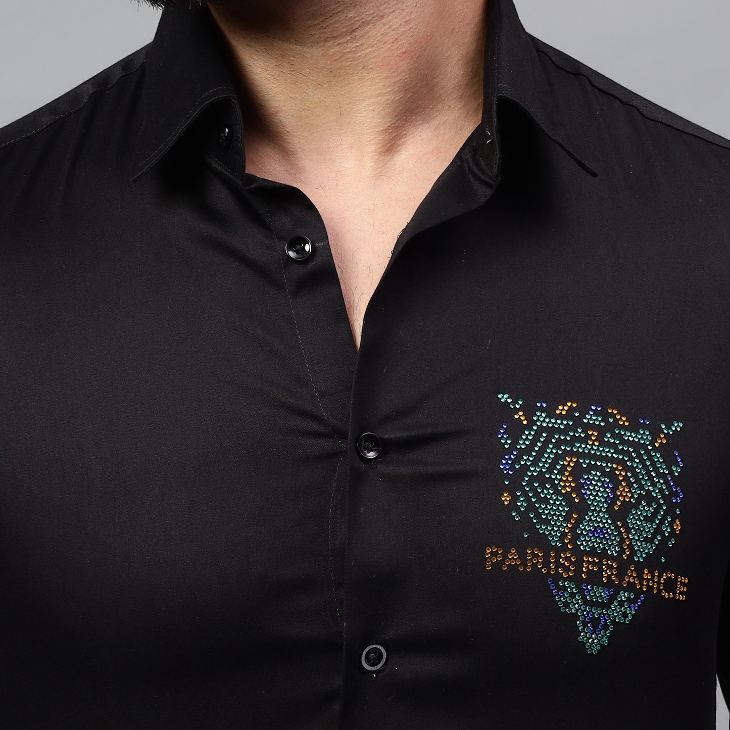 Men's Black Luxury Rhinestone Cotton Shirts