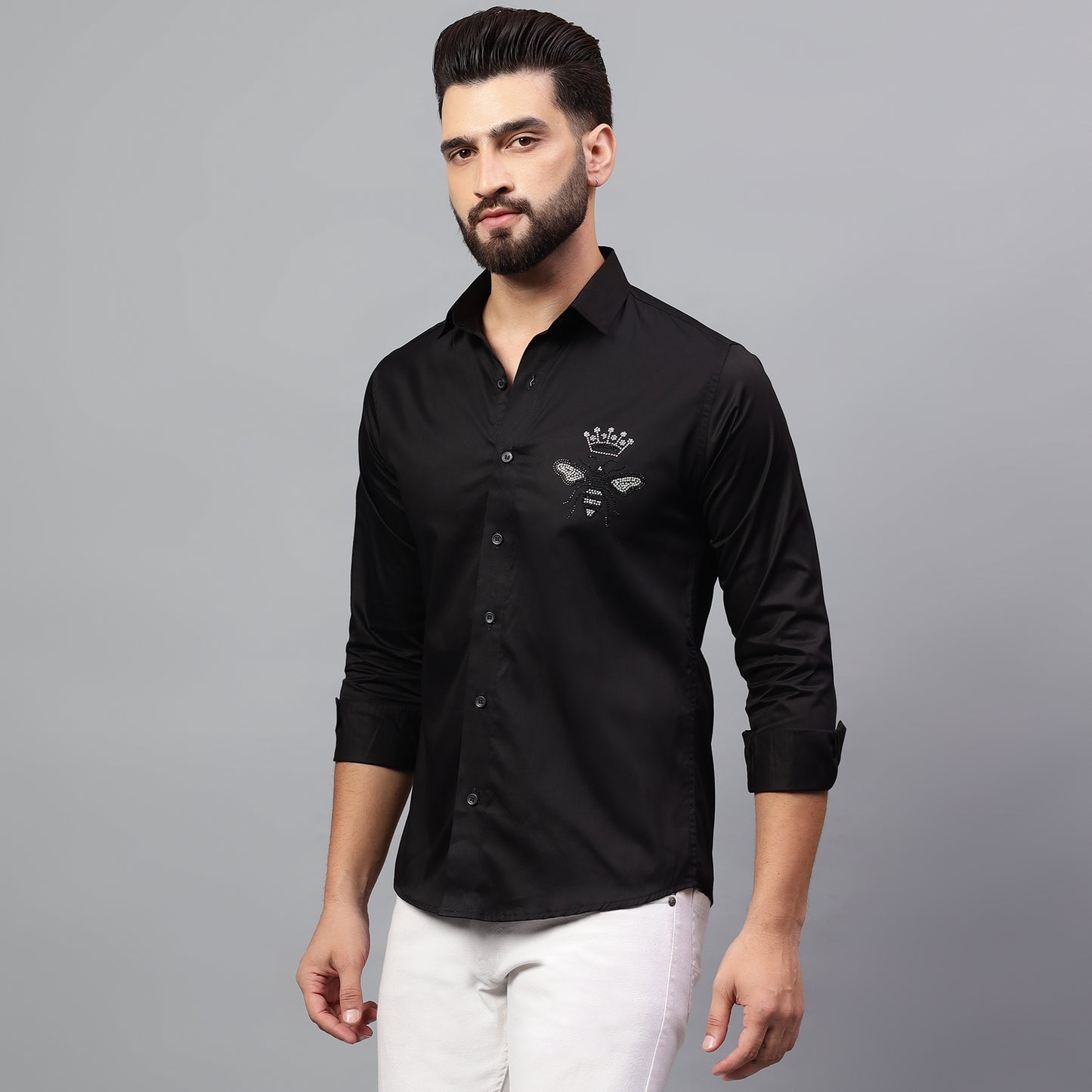 Men's Black Luxury Rhinestone Cotton Shirts