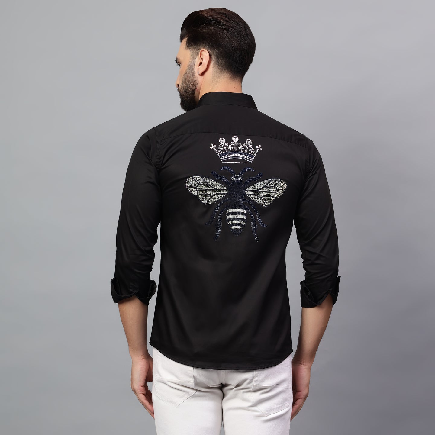 Men's Black Luxury Rhinestone Cotton Shirts