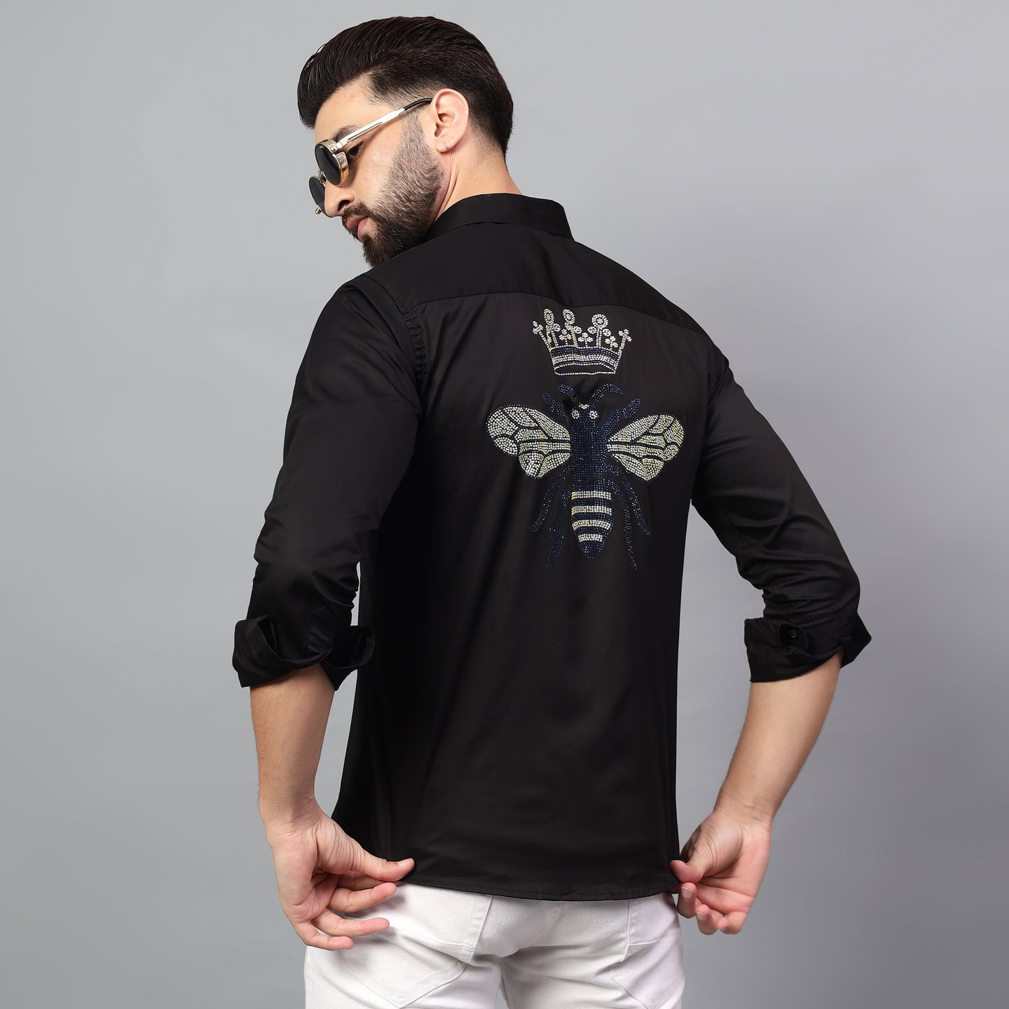 Men's Black Luxury Rhinestone Cotton Shirts