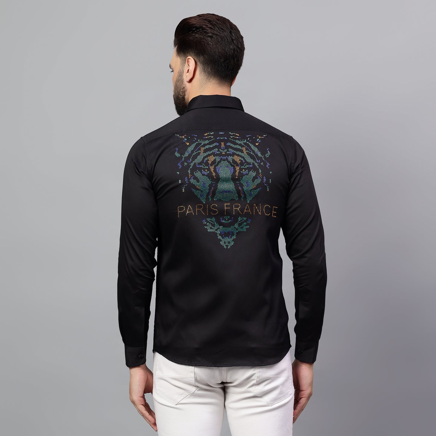 Men's Black Luxury Rhinestone Cotton Shirts