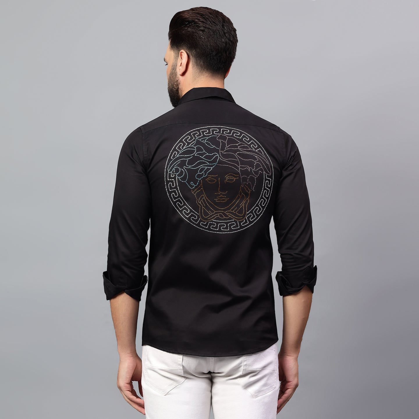 Men's Black Luxury Rhinestone Cotton Shirts