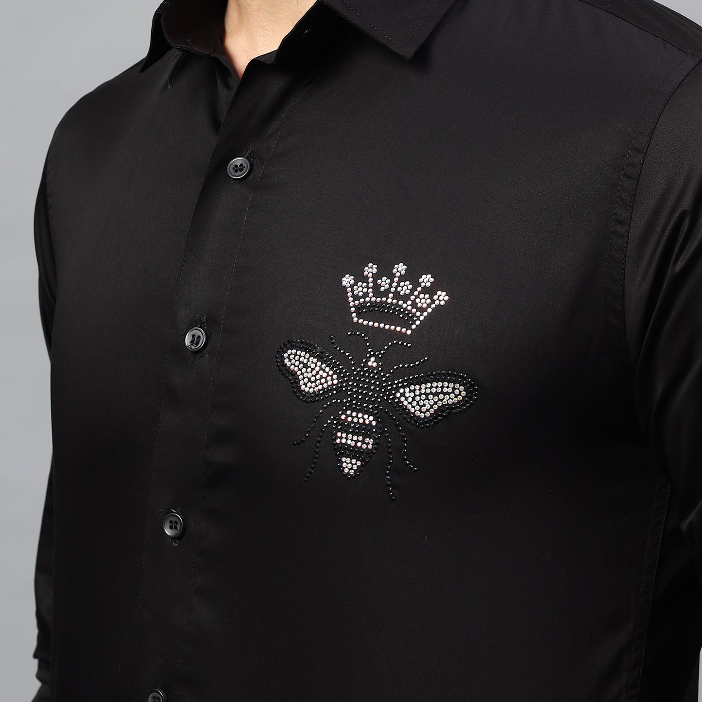 Men's Black Luxury Rhinestone Cotton Shirts