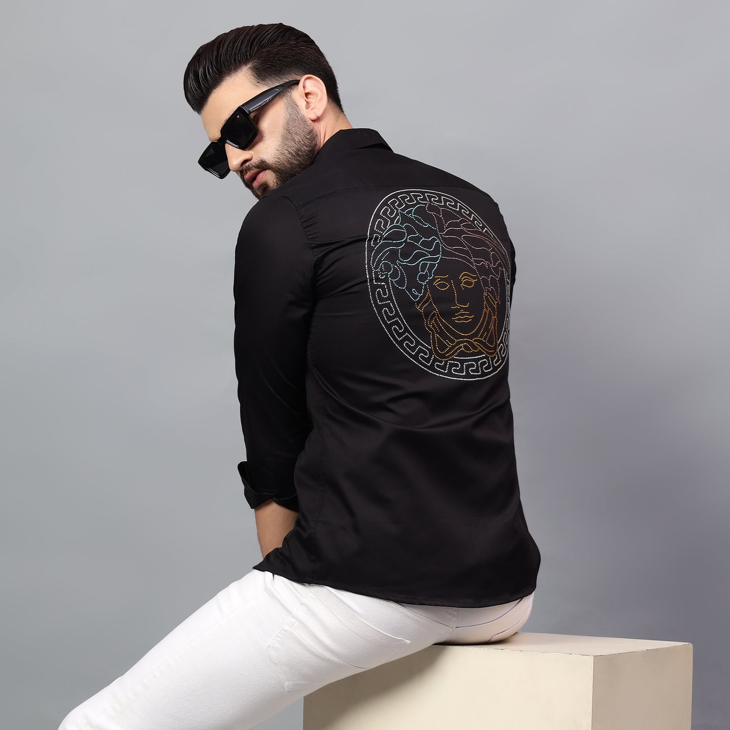 Men's Black Luxury Rhinestone Cotton Shirts