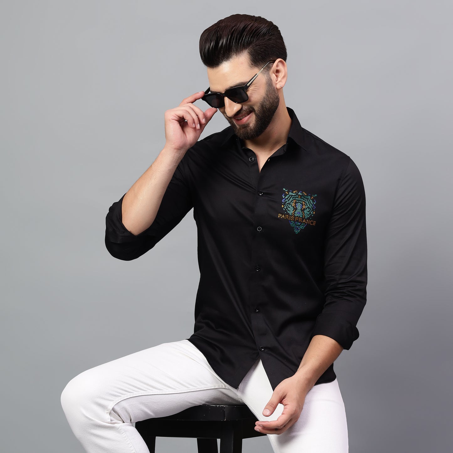 Men's Black Luxury Rhinestone Cotton Shirts