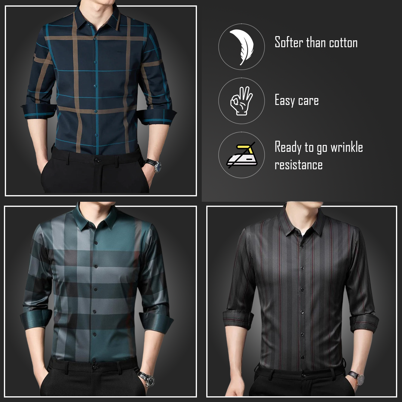 Latest Pack of 3 Full Sleeve Cotton Check Shirt (BLUE G+PEACOCK+DGRB)