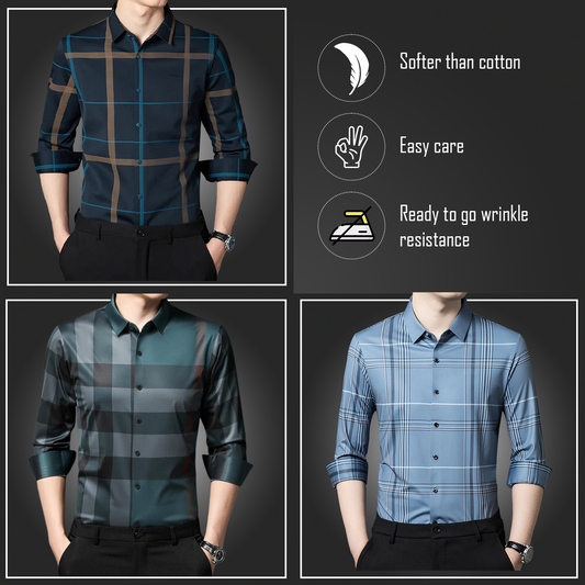 Latest Pack of 3 Full Sleeve Cotton Check Shirt (BLUE G+PEACOCK+GL 2)