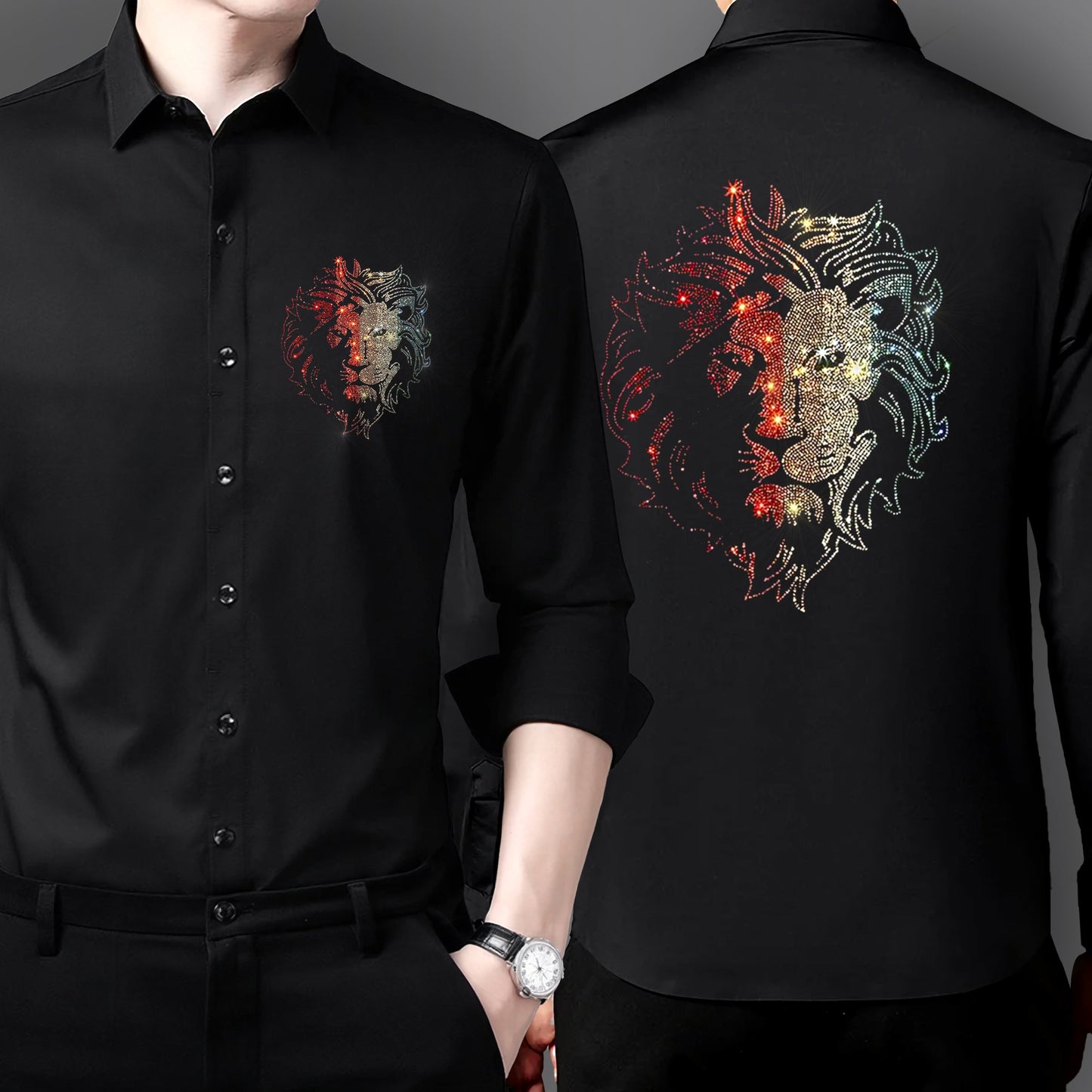 Men's Black Luxury Rhinestone Cotton Shirts