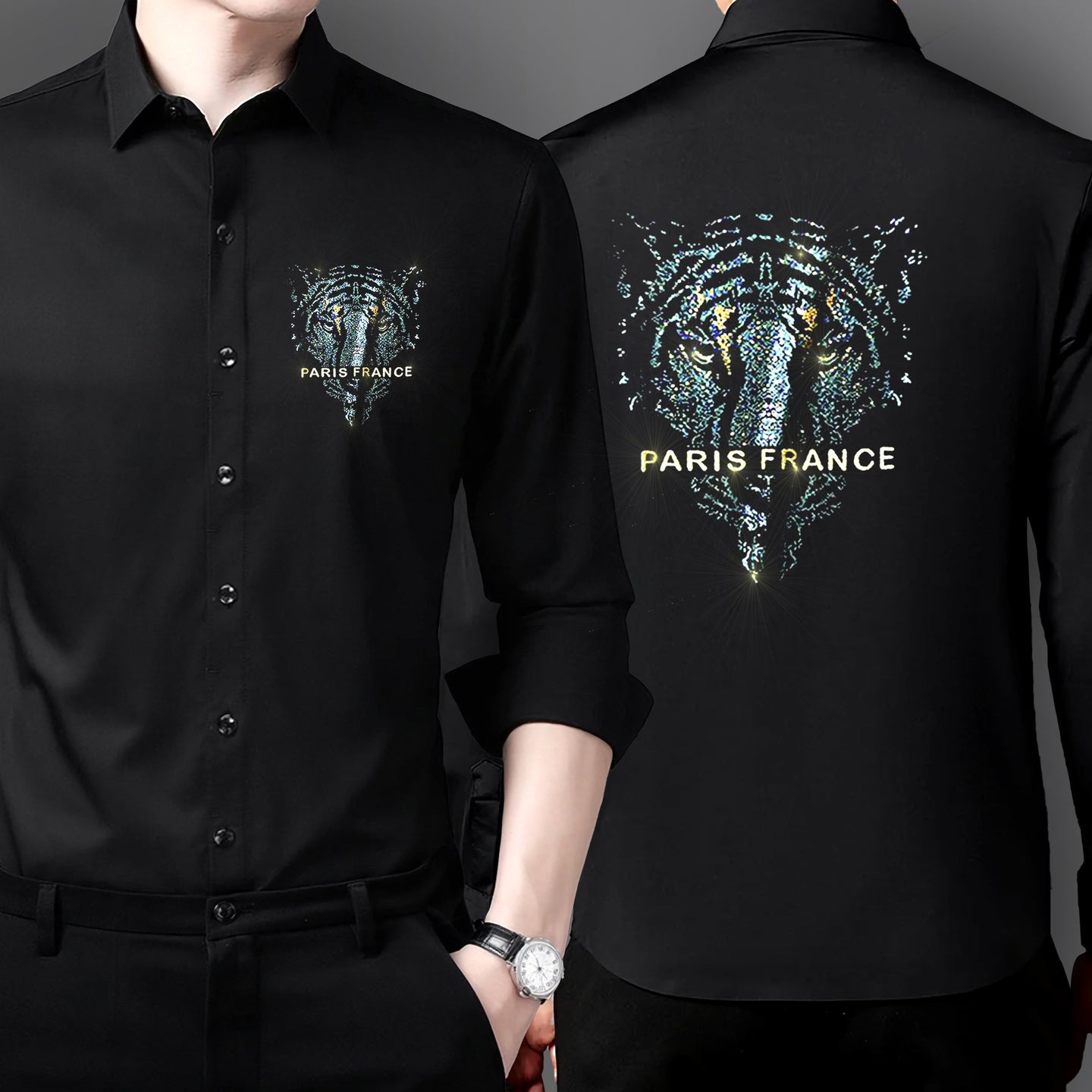 Men's Black Luxury Rhinestone Cotton Shirts